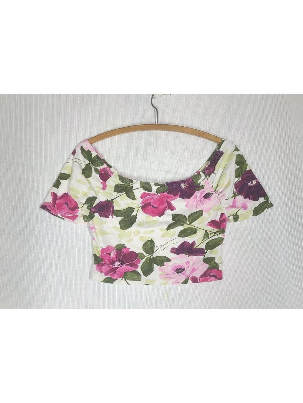 Vtg 90s Crop Stretch Shirt Rose Floral Cotton Knit Print Jones NY Intimates